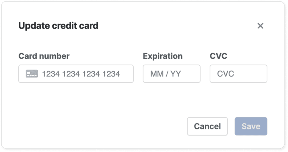 The “Update credit card” dialog with empty card number, expiration and CVC fields, above Cancel and Save buttons.